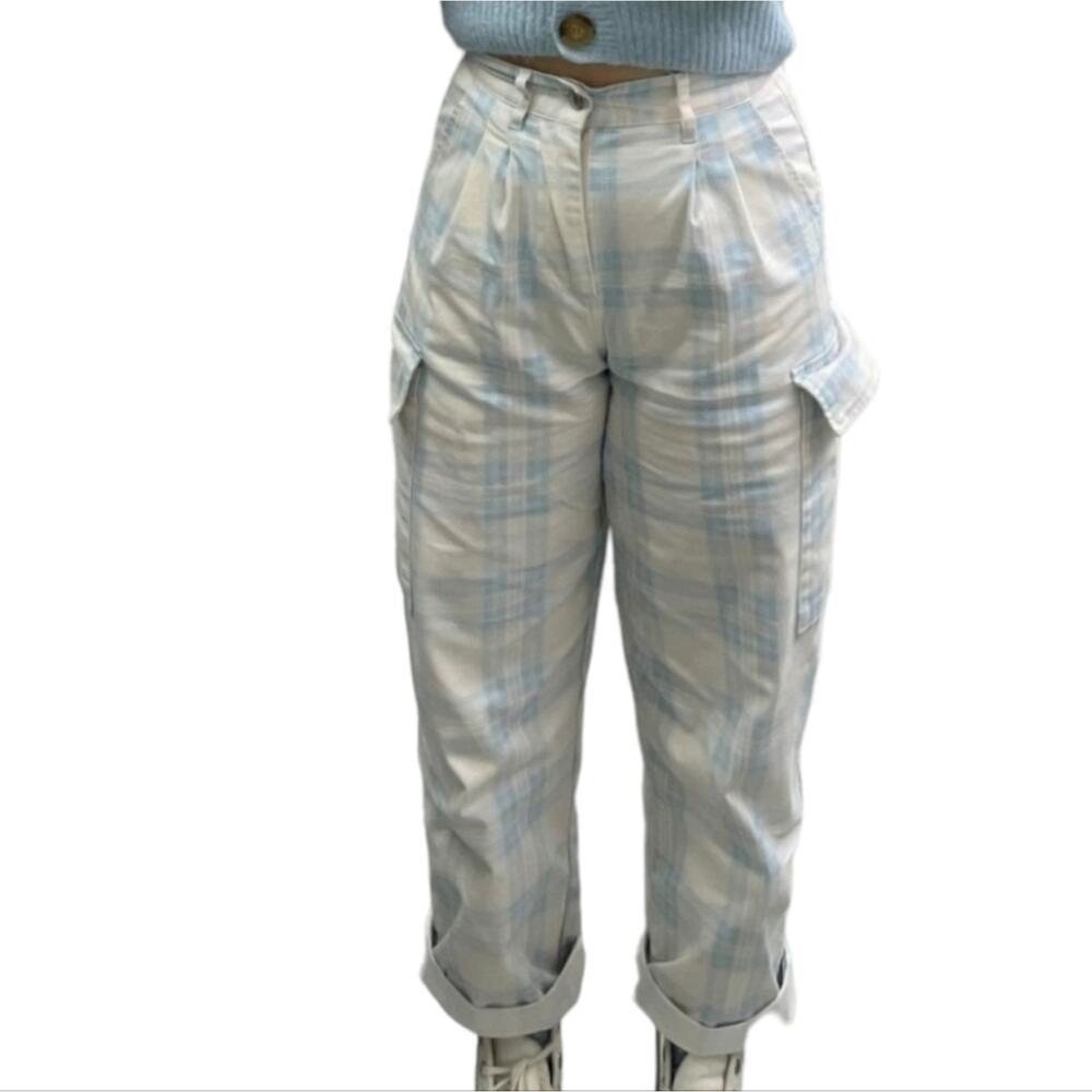 Asos pale Blue and White Plaid Pleated High Rise Cargo Pants Size 6‎ Petite